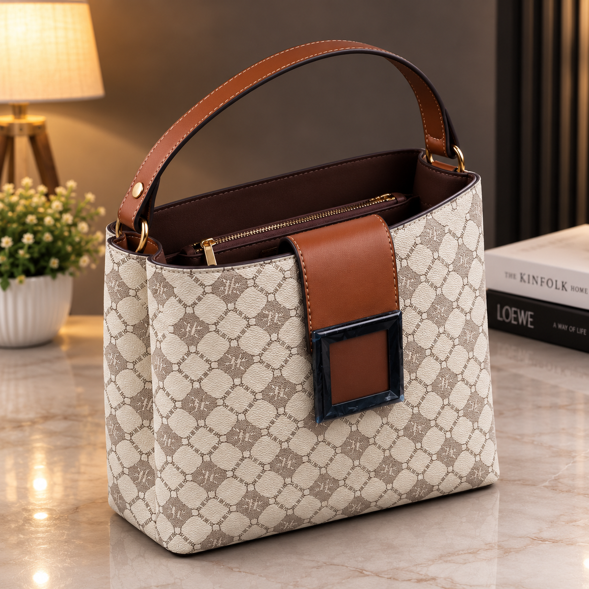 Beige monogram bucket bag open top view on marble