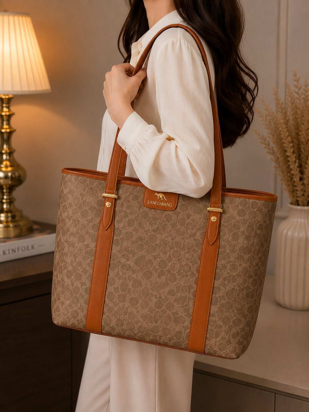 Lancowang monogram tote bag worn on shoulder