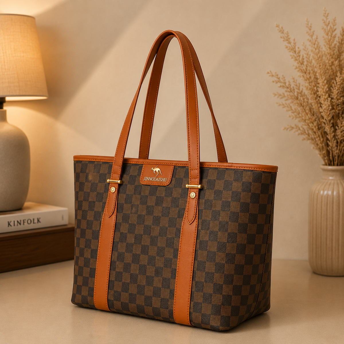 Brown checkered tote bag side view