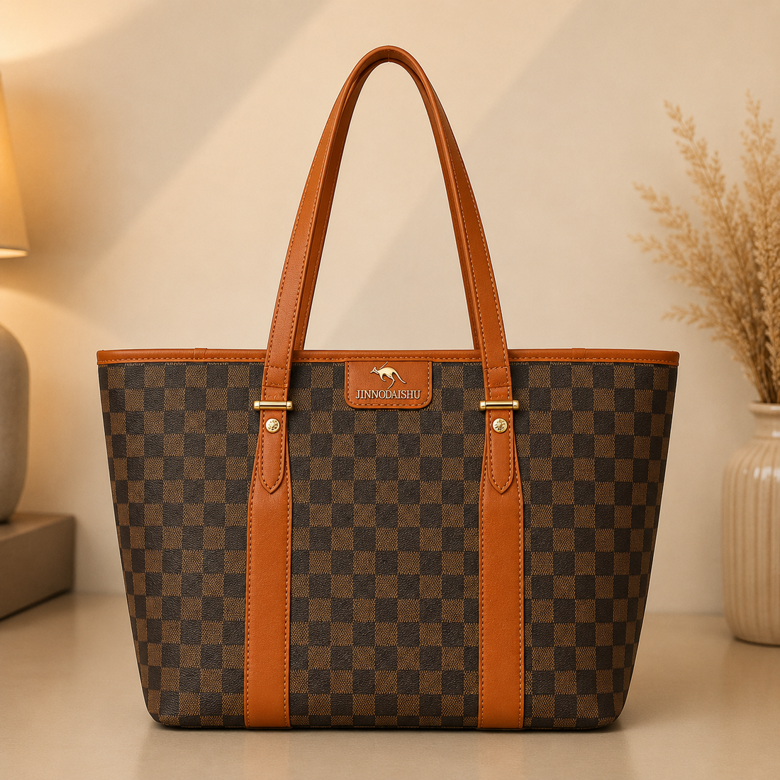 Brown checkered tote bag front view