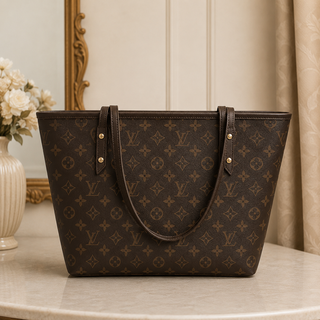 Brown monogram tote bag lifestyle shot